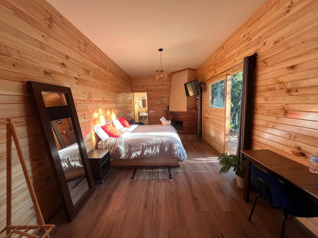 a bedroom with a bed in a room with wooden walls at San José del Pacífico- Cabañas Camino al Cielo 1 in San Mateo Río Hondo