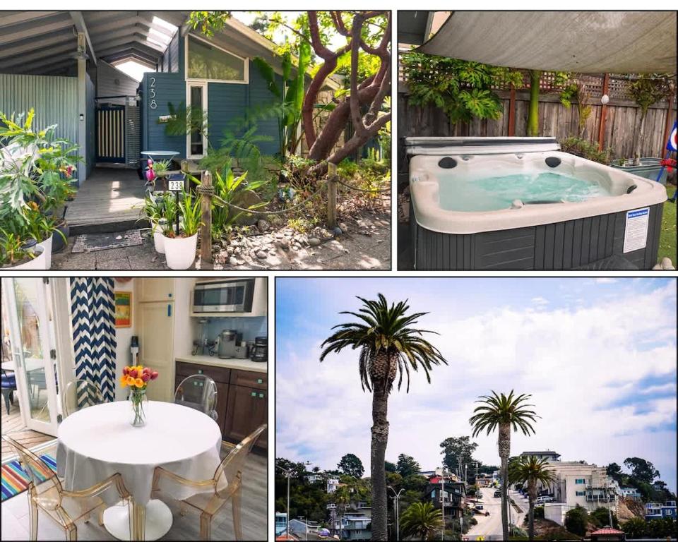 a collage of photos with a hot tub and a palm tree at Aptos Beach Retreat Hot Tub & 5 Min Walk to Sand in Rio Del Mar