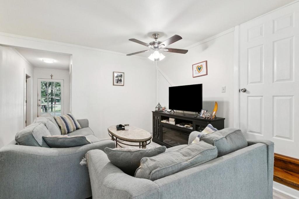 a living room with two couches and a television at Nola Swamp Farm in Terrytown