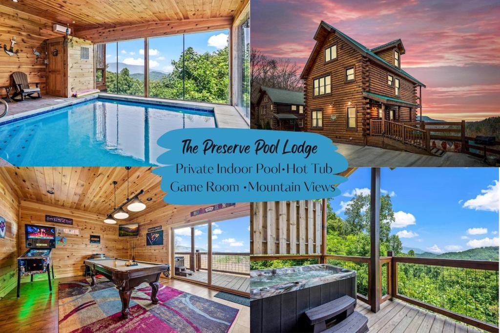 un collage de fotos de una casa y una piscina en Fall Family Fun-Pool in Cabin-View-Games-Hot Tub, en Sevierville