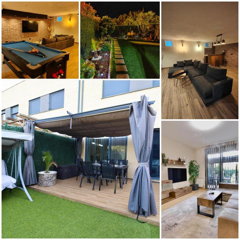 a collage of photos of a house with a pool table at Rincón del Naranjo in Olite
