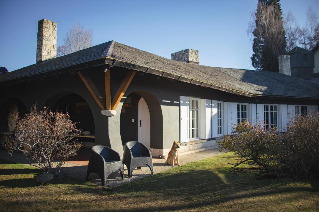 a dog sitting in front of a house at TEROTERO Lake Hostel - Habitación Nahuel 5 in San Carlos de Bariloche