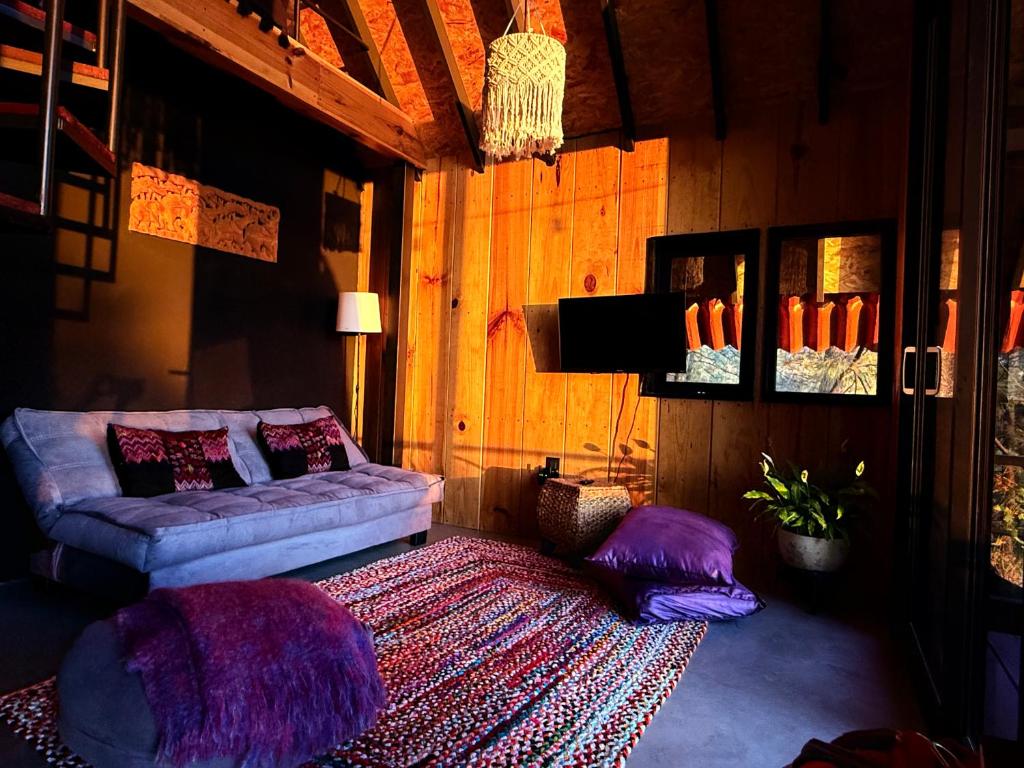 a living room with a couch and a rug at Mi Refugio Nordico Buho Cabin in San Miguel