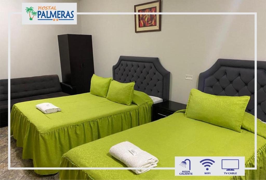 a room with two beds with lime green sheets at Hostal Palmeras Tacna in Tacna