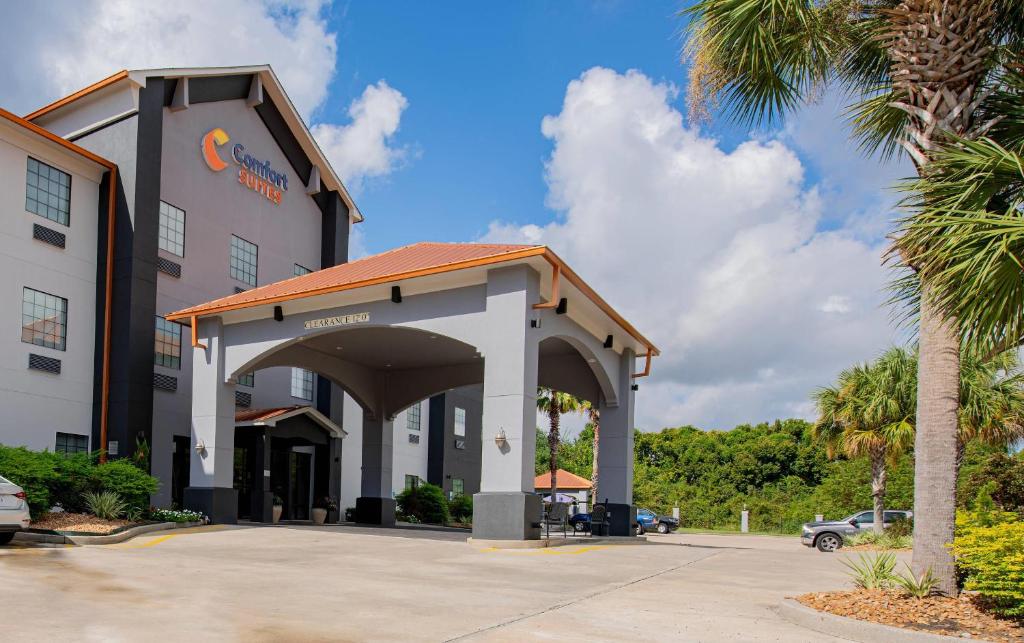a hotel building with a parking lot and a palm tree at Comfort Suites Oil Center in Lafayette