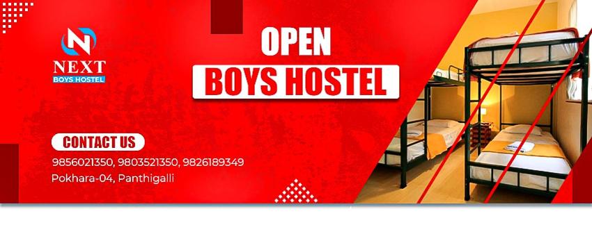 a poster for an open boys hostel with bunk beds at next open Hostel in Pokhara