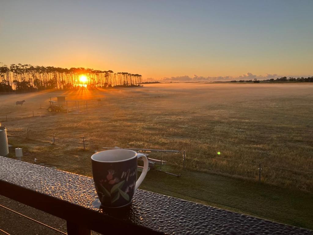a coffee cup sitting on a table with a view of a field at Quiet,1 x Queen, Farm Stay Self-Contained unit in Empire Vale