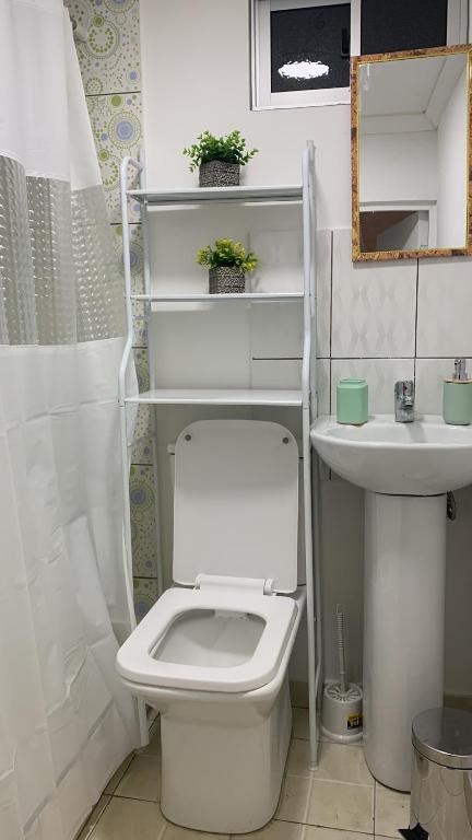 een badkamer met een wit toilet en een wastafel bij Ghislaine in Iquique