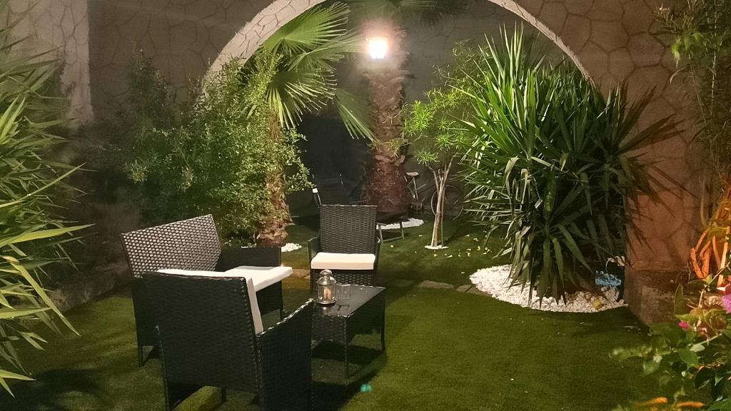 a garden with chairs and palm trees and plants at Da Giulietta in Adrano