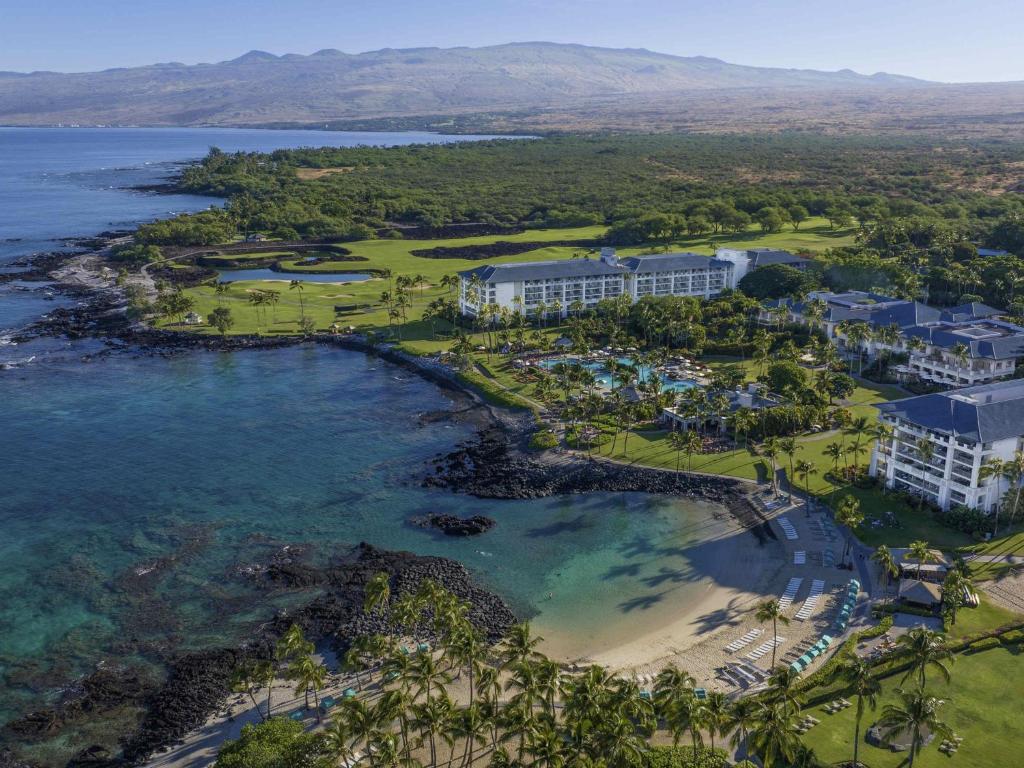 an aerial view of the resort and the beach at Fairmont Orchid in Waikoloa