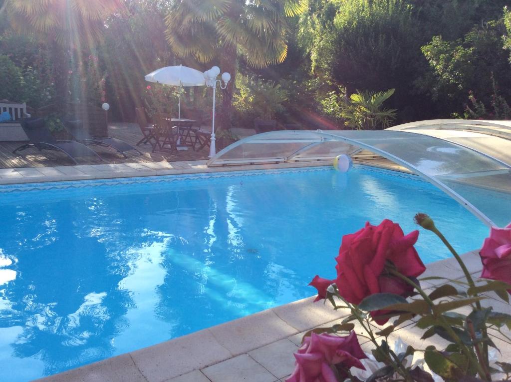 a blue swimming pool with a table and flowers at Le Lavoir in Châteauroux