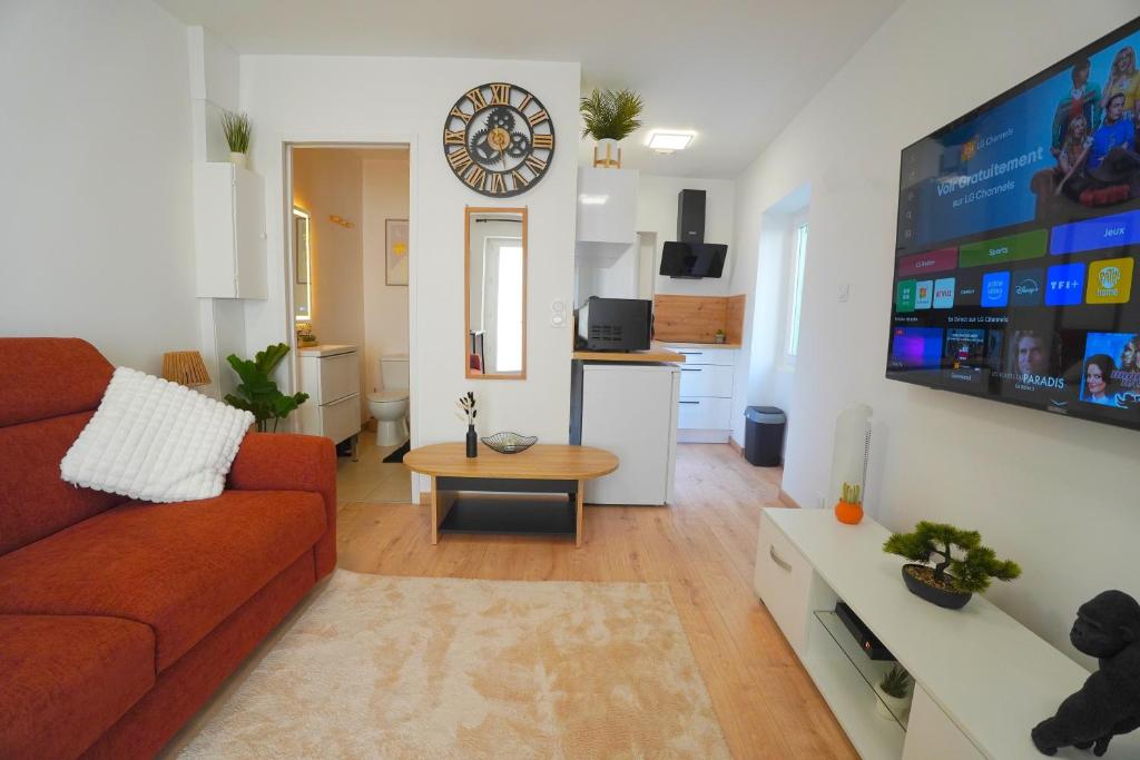 sala de estar con sofá y TV grande en Studio neuf parking gratuit 15 minutes de Lyon, en Francheville