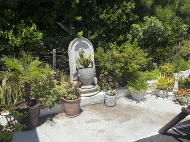 a statue in a garden with many potted plants at Classic Air B&B in Pearly Beach