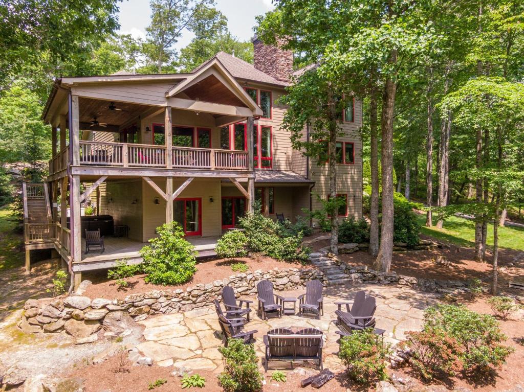 an aerial view of a house with a patio at Fern Ridge Lodge at Sweetgrass in Blowing Rock