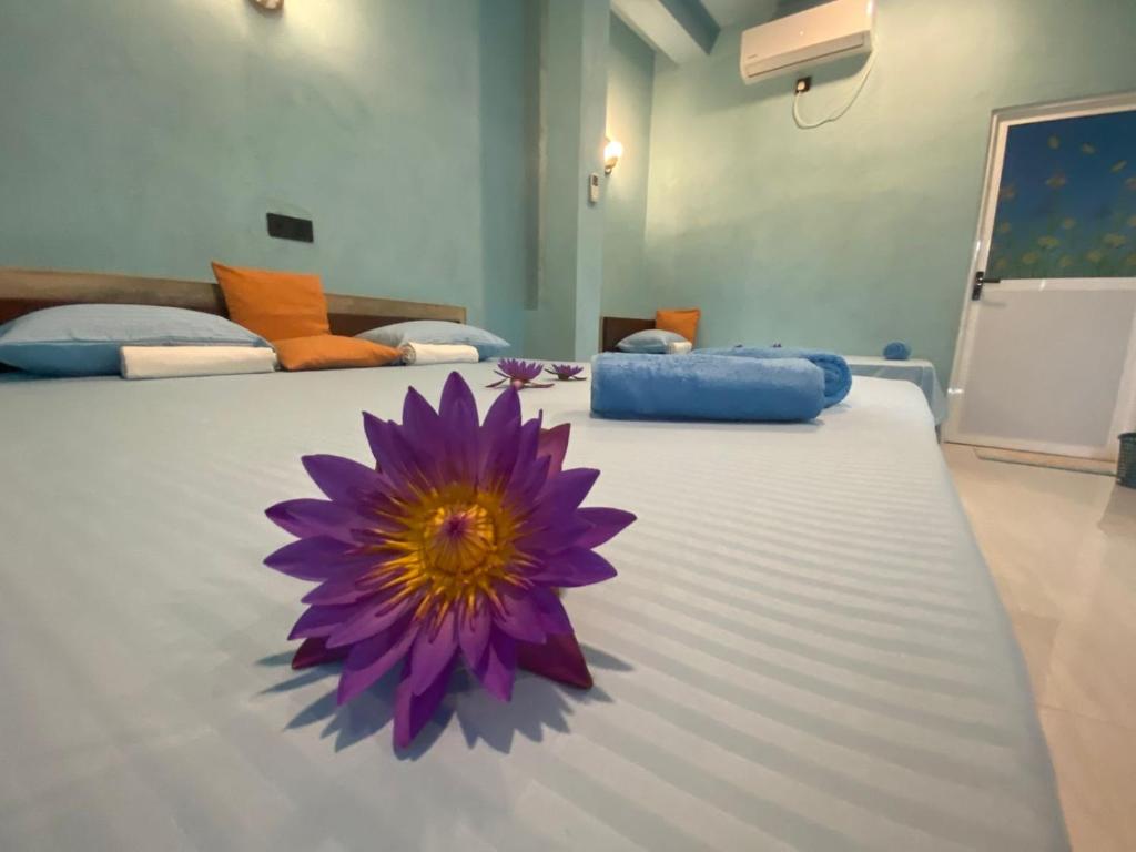 a purple flower sitting on top of a bed at The Shore Residence in Hikkaduwa
