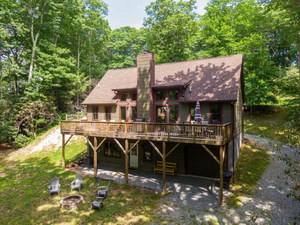 an aerial view of a house with a deck at Laurel Creek Lodge in Banner Elk