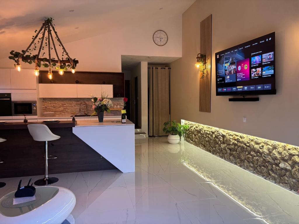 a kitchen with a counter and a tv on the wall at La Champoternoise in Belval-sous-Châtillon