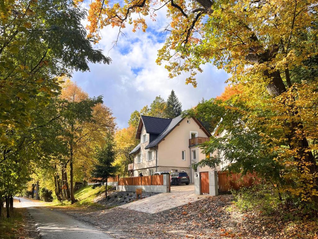 a house on a road with a fence and trees at Dom Przy Czerwonym Szlaku - The Red Trail Cottage in Cisiec
