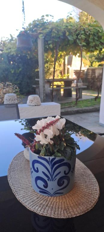 a blue and white cake with flowers on a table at Casa Camelia in Intragna