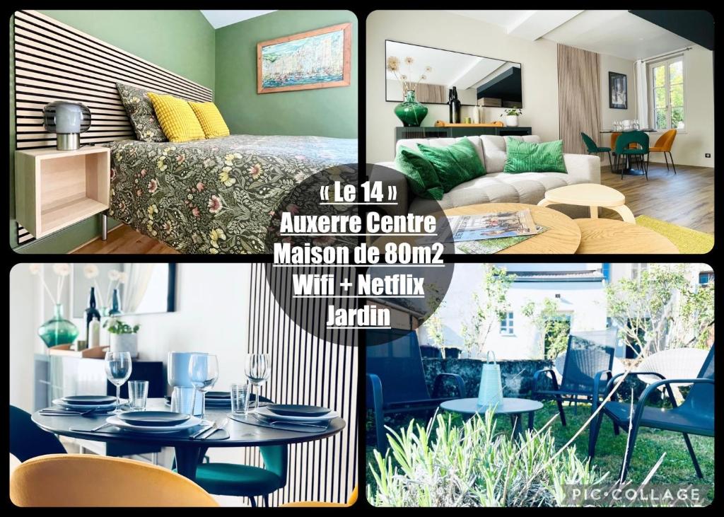 オセールにあるMaison et Jardin Le 14 - Auxerre Centre - Wifi - Netflix - Confort et Détenteのリビングルームとベッドルームのコラージュ