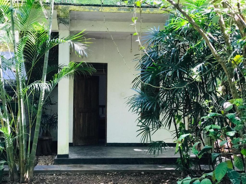 a house with a door in a garden with trees at Royal Galaxy Villa in Embilipitiya