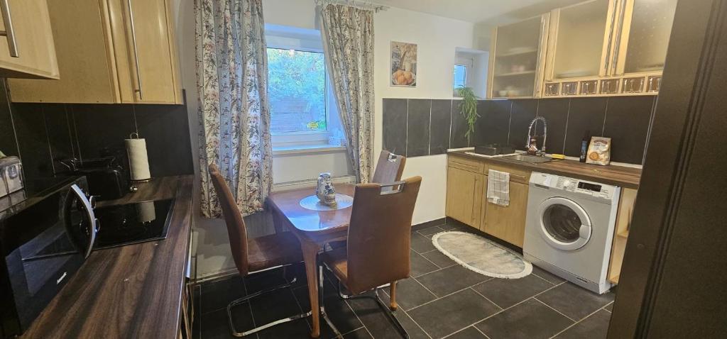 ドレスデンにあるSelma Apartmentsのキッチン(テーブル、洗濯機付)