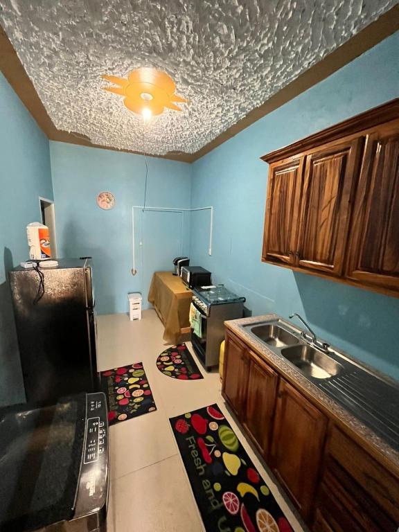 a kitchen with blue walls and a kitchen with a sink at One Bedroom Apartment at Doreen Ranch in Four Paths