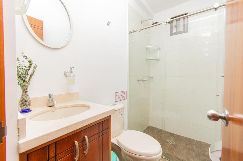 a bathroom with a sink and a toilet and a mirror at Aptos Familiares en Envigado con Aire Acondicionado in Envigado