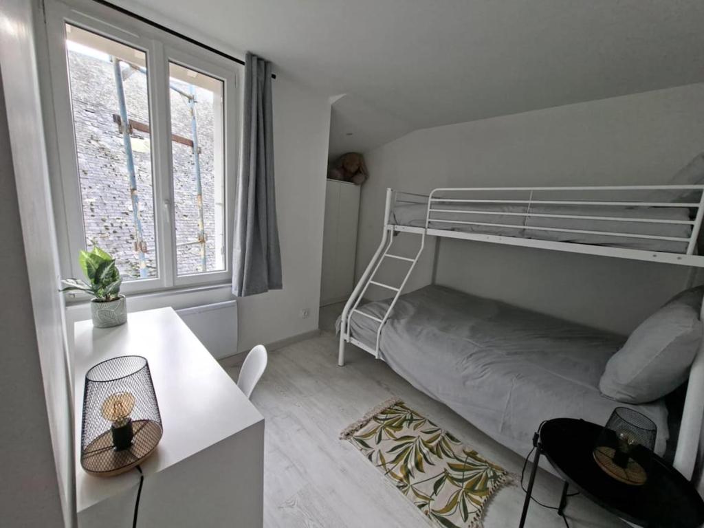a small bedroom with a bunk bed and a desk at Quiet apartment 2 in L'Ile-Bouchard