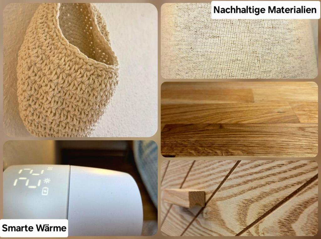 kolaż czterech zdjęć z torbą i drewnem w obiekcie Ferienwohnung SeeGräser Granitz w mieście Sellin