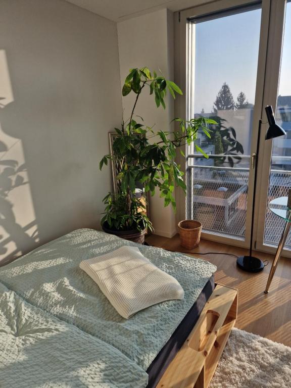 a bedroom with a bed and plants and a balcony at Lumi, modernes Attika-Refugium in Derendingen