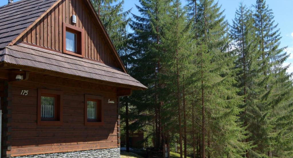 a cabin in the woods next to some trees at Jariabka Chalet Zrub Nízke Tatry in Jarabá