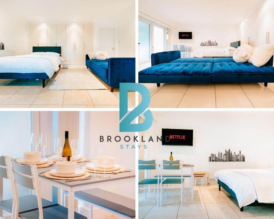 a collage of pictures of a bedroom and a dining room at Stay at a Minimalist Studio in Feltham with Parking in New Bedfont