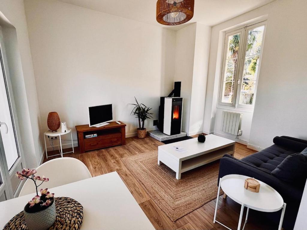 a living room with a couch and a fire place at Le Petit Bourdieu - Chouette in Jurançon