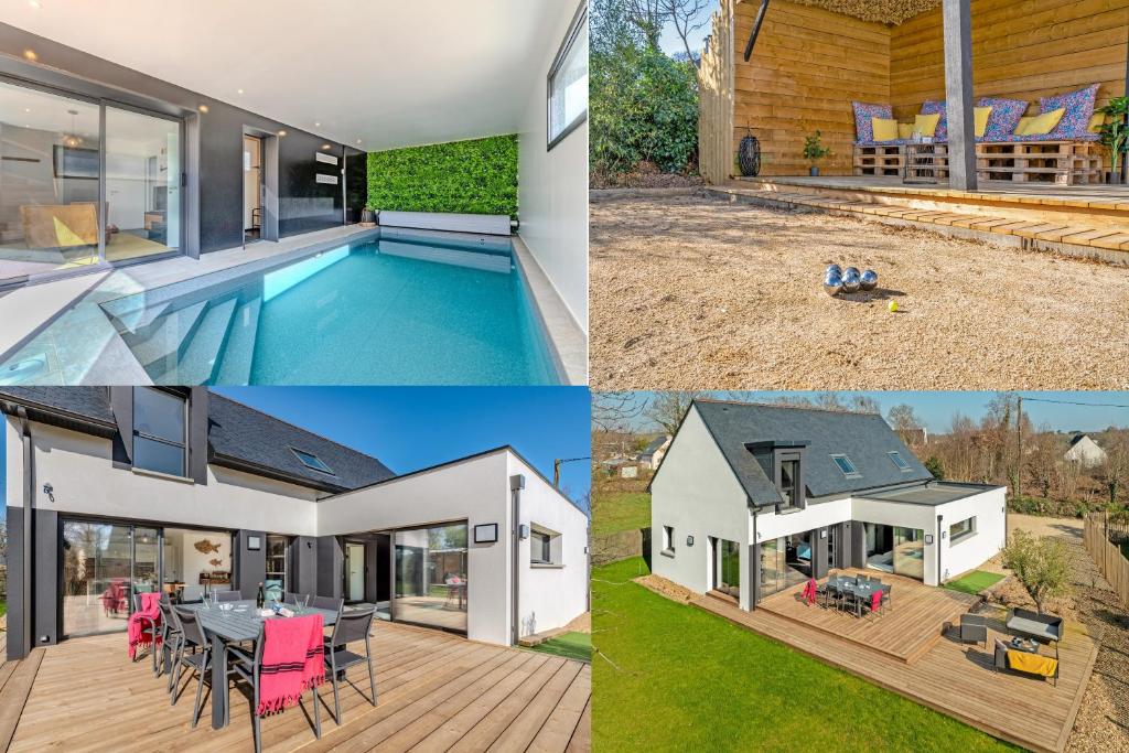 a collage of pictures of a house and a pool at la villa iodée, le confort d une maison neuve équipée d une piscine intérieure chauffée toute l année, très proche des plus belles plages in Fouesnant