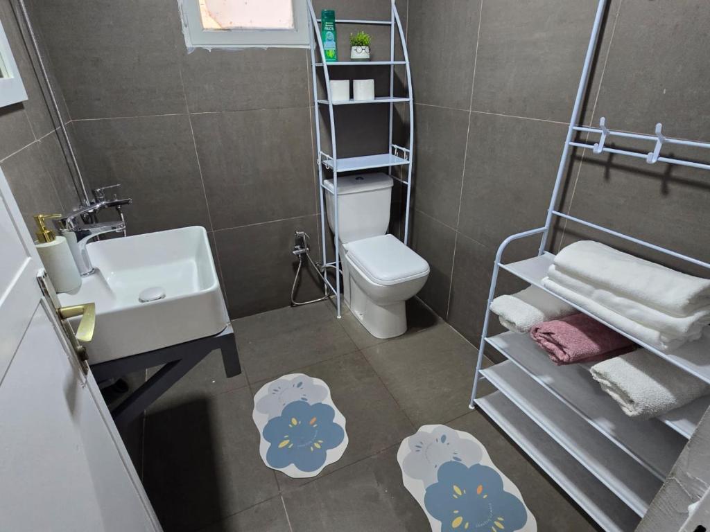 a small bathroom with a sink and a toilet at Neva's Hostel in Librazhd