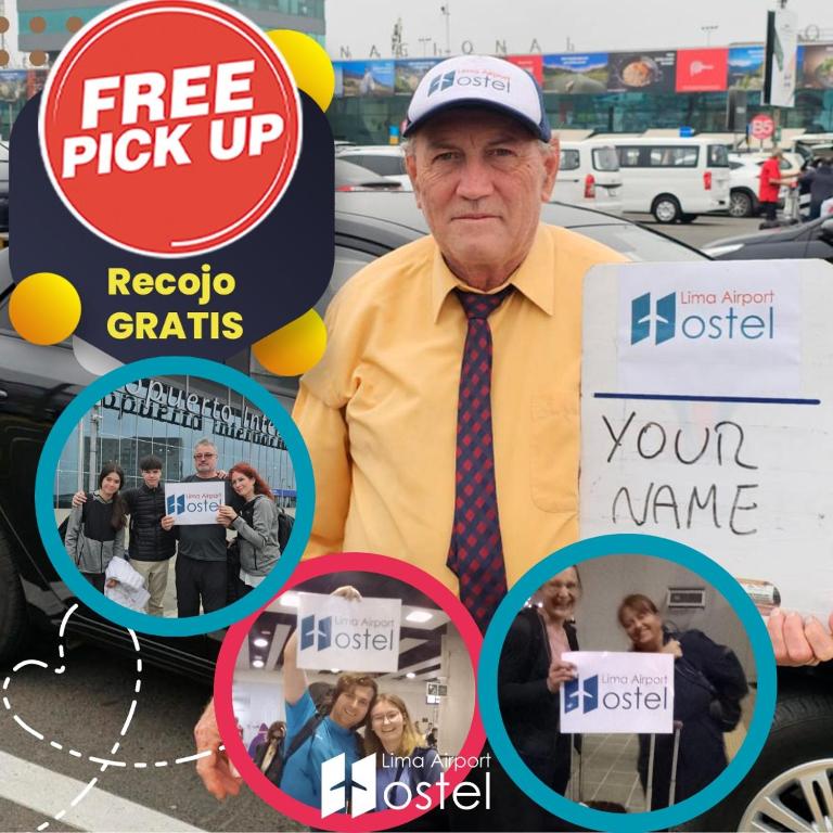 利马Jorge Chavez Lima Airport Hostel - FREE AIRPORT PICK UP的一名男子和一群人举着标语牌