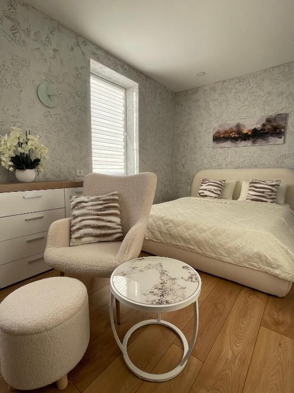 パネヴェジースにあるRami studio apartmentのベッドと椅子とテーブルのある寝室
