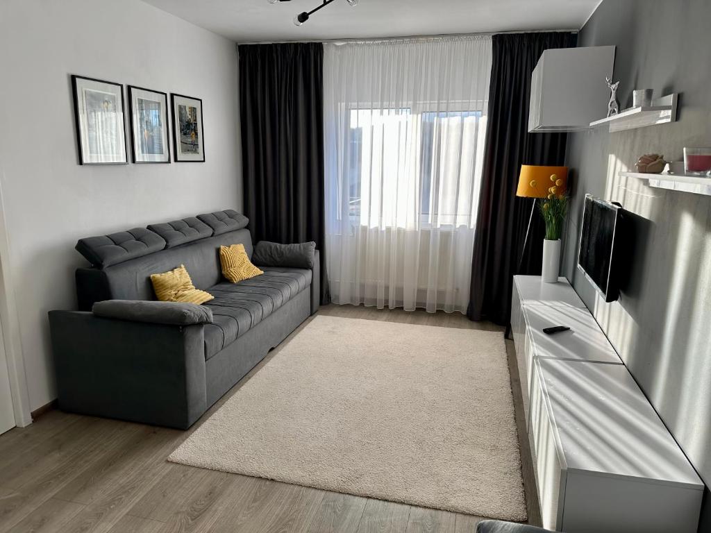 un salon avec un canapé et une télévision dans l'établissement Central Vibe, à Curtea de Argeş