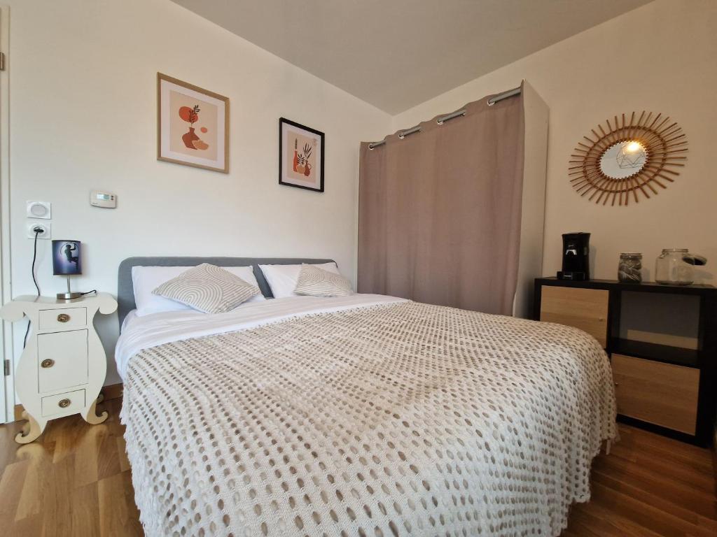 a bedroom with a large bed and a mirror at Studio Europarc Créteil - 2mn Métro 8 - Paris in Créteil