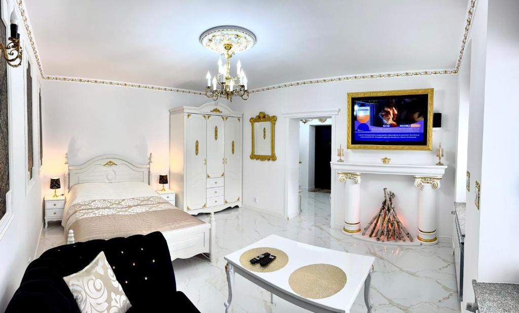 a bedroom with a bed and a tv on a wall at Apartament Królewski in Gniezno