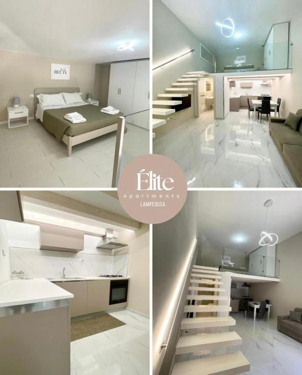a collage of photos of a bedroom and a living room at Élite Lampedusa in Lampedusa