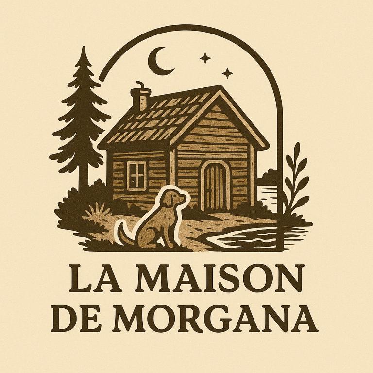 a log cabin with a dog sitting in front of a house at La Maison de Morgana in Ambaro