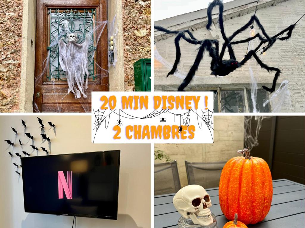 a collage of halloween decorations and a tv and a pumpkin at Family Stay & Disneyland Paris in Meaux