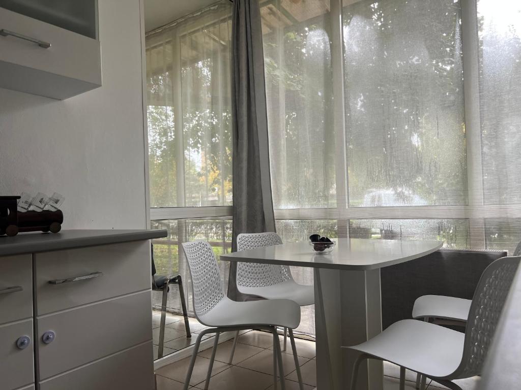 cocina con mesa y sillas frente a una ventana en Cozy Apartment Hunedoara, en Hunedoara