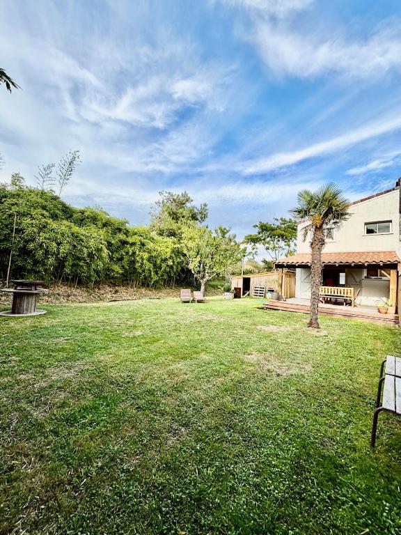 a yard with two benches and a palm tree at Nana Bloo in La Teste-de-Buch
