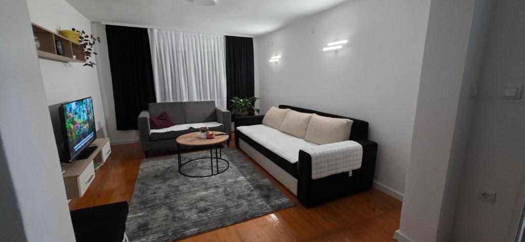 a living room with a couch and a tv at Apartman SAN in Sarajevo