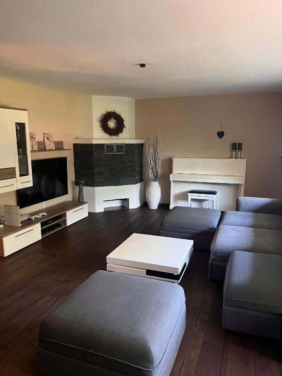 a living room with a couch and a tv at Wunderschöne, große Gartenwohnung mit 3 Schlafzimmern Nähe Kaufbeuren in Untergermaringen