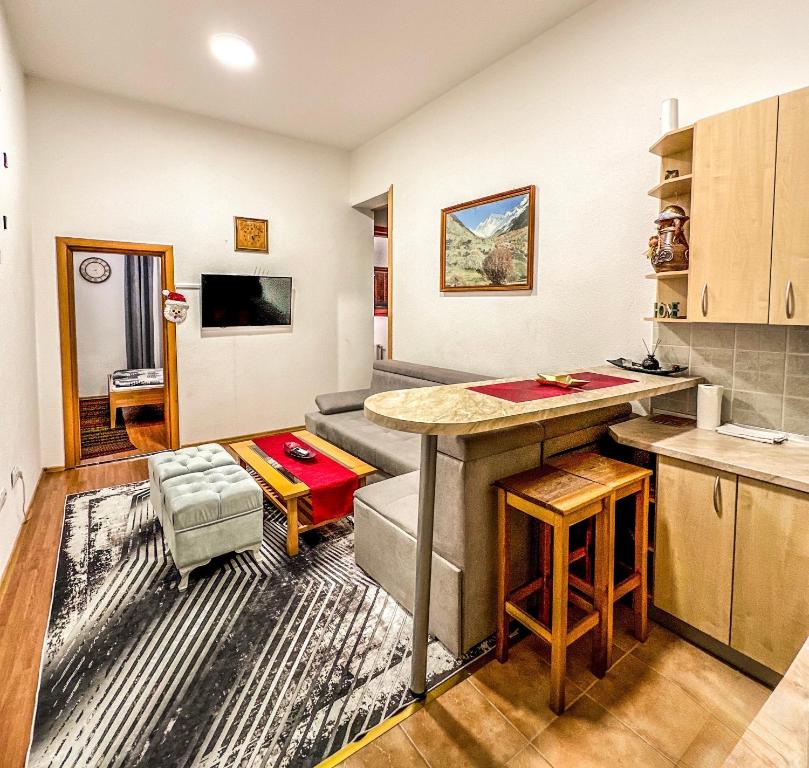 a kitchen and living room with a table and a couch at Apartman RAJAN Vlašić in Vlasic
