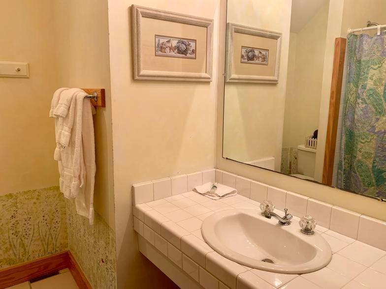 un baño con lavabo y espejo en Thurston House Inn, en Ocracoke